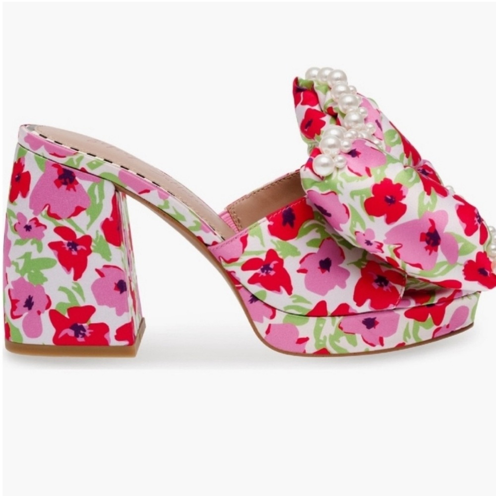 Betsey Johnson Maccie Floral Bow Heeled Platform Sandals - Pink and Red Size 8 - Picture 3 of 5